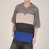 Advbridge Men Luxury Knit Polo Shirt Breathable Casual Hollow Out T Shirt Fashion Turn-down Rainbow Striped Short Sleeve Fishnet Tops Tees