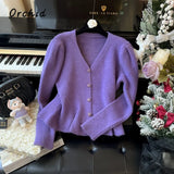 Advbridge 2025 Winter Casual Knitting Long Sleeve Purple Cardigans Women's Vintage Office Lady V-Neck Solid Color Elegant Slim Sweater Top