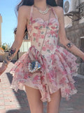Advbridge Summer Women Sleeveless Sweet Pink Print Beach Dress Female Slim Holiday  Halter Mini Dress Tierred Birthday Party Dress
