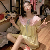 Advbridge Peter Pan Collar Puff Sleeve Dresses Women Summer Sweet Color Collision A-line Loose Preppy Style Bow Lace-up Short Dress Female