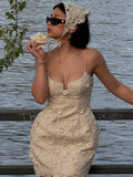 ADVBRIDGE  -  3D Flower Lace Halter Short Dress Crochet Deep V Suspender Cinched Waist Slimming Beach Camisole Women Dresses Sexy Strap Gown