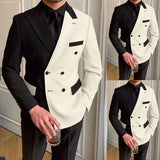 Advbridge Elegant Black White Men Suit Slim Fit Peak Lapel Double Breasted 2 Piece Formal Groom Wedding Tuxedos Blazer+Pants Costume Homme