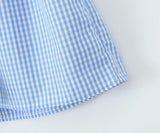 ADVBRIDGE  -  Blue Plaid Shorts 2 Piece Set V Neck Puff Sleeveless Lace-up Crop Blouse+Shorts Simple Casual Fashion Summer Suits For Women New