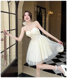 ADVBRIDGE  -  French Style Apricot Elegant Princess Dress Women Lace Strapless Sexy Mesh Mini Dresses Summer Sweet Kawaii Birthday Vestidos