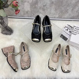 Advbridge 2024 Spring and Autumn Chunky Heel Square Head Single Shoe Sequin Small Fragrant Wind Womens Shoes Shallow Mouth Mary Jane Shoes