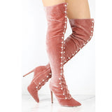 Advbridge Pearls Decor Eyelet Cross Bandage Over The Knee Velvet Boots Women Pink Maroon Black Thigh Boots High Heels Pointed Toe Botas