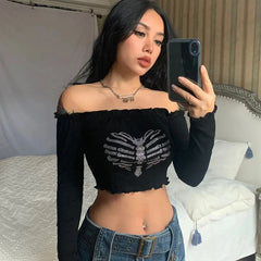 Advbridge - Black Off Shoulder Crop Top Women Summer Crystal Long Sleeve T Shirt Woman Party Club Streetwear Tee Shirt Femme