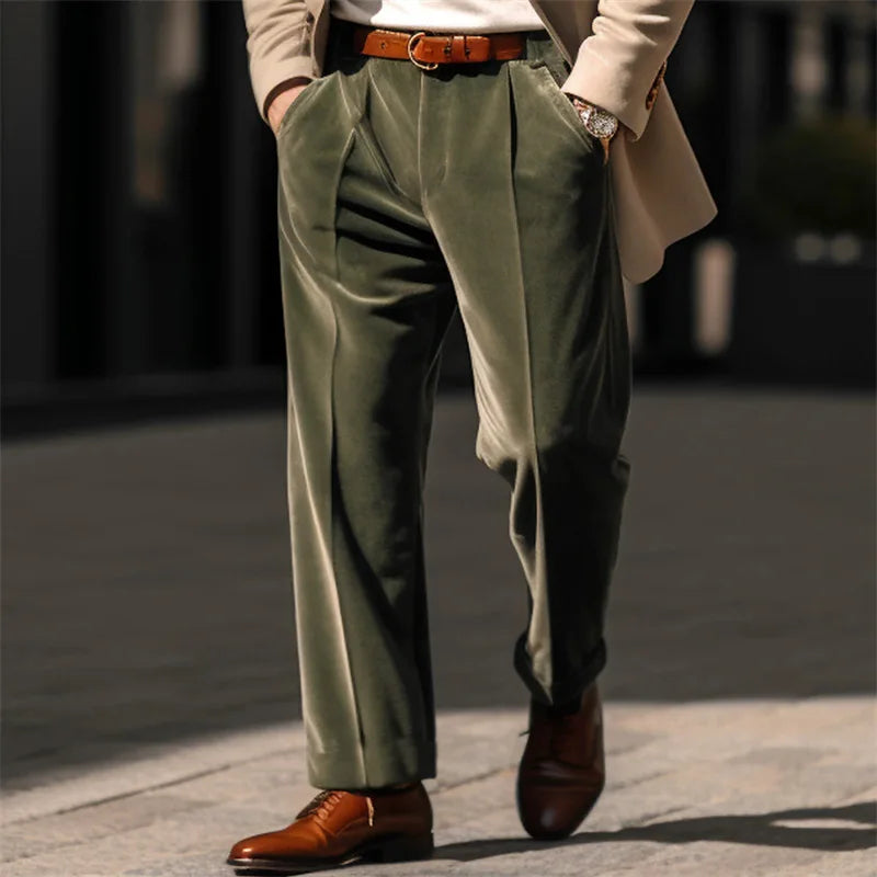 Advbridge Autumn Winter Men Velvet Suit Pants Leisure Oblique Insertion Pocket Straight Trousers Comfortable Business Vacation Casual Pant