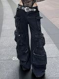 Advbridge Casual jeans American washed multi-pocket work jeans Y2K retro women's street black straight-leg loose wide-leg pants