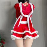 Advbridge Cute Christmas Cosplay Costume Bunny Santa Claus Uniform Women Red Plush Dress with Clock New Year Role Play Outfits Underwear