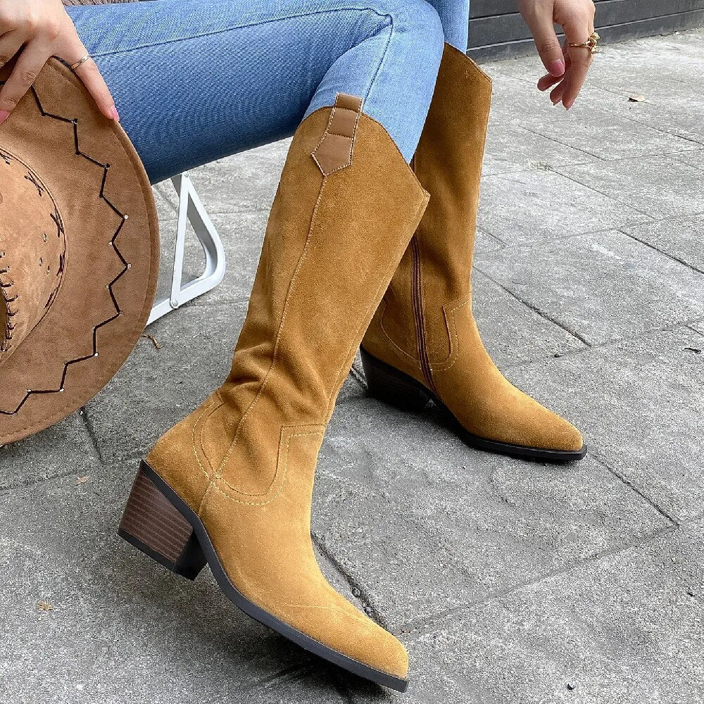 Advbridge Women's natural suede leather 5cm thick med heel pointed toe side zip autumn mid-calf boots high quality female casual half boot