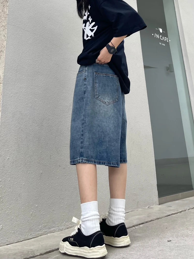 Advbridge Women Y2K Baggy Jorts Vintage Wide Leg Five Points Jeans American Streetwear Casual Washed Oversize Summer Denim Shorts