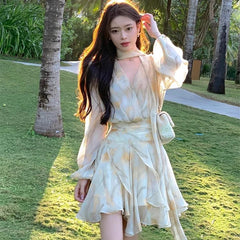 Advbridge 2024 New Holiday Dress Women Summer Long Sleeve V-Neck Bubble Sleeve Chiffon Beach Printed Dress Irregular Fairy Dress Boho