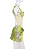 ADVBRIDGE  -  Elegant Light Green Satin One-Shoulder Sheer Mesh Bodycon Mini Dress Women Sexy See Through Ruched Slim Summer Party Dress