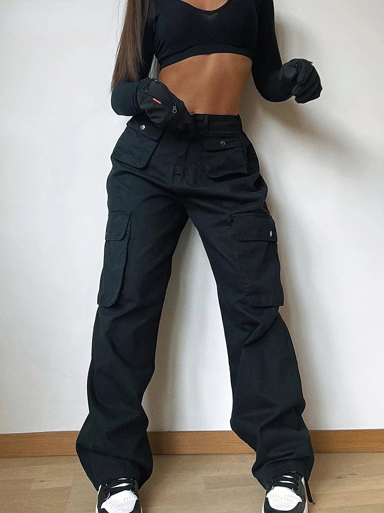 Advbridge Casual Baggy Wide Leg Sweatpants New Woman Zipper Pocket Cargo Pants Solid High Waist Vintage Joggers Trousers Streetwear