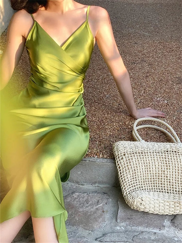 Advbridge Sexy Women Summer Spaghetti Strap Midi Dress New Fashion Evening Party Ladies Eleglant Sundress Vintage Satin Casual Robe New