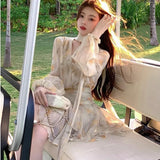 Advbridge 2024 New Holiday Dress Women Summer Long Sleeve V-Neck Bubble Sleeve Chiffon Beach Printed Dress Irregular Fairy Dress Boho