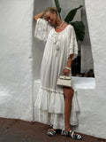 ADVBRIDGE  -  Fringed Lace Up Long Dress Ruffle Pleated Slit Tassel Baggy Slimming Fashion Layered Robes Vacation Beach Women Maxi Dresses New