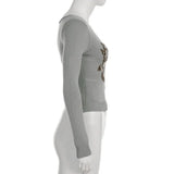 ADVBRIDGE  -  Personality Chic Big V Neck Long Sleeve Sweaters American Temperament Print Autumn Knitted Clothes Y2k High End Basic Pullovers