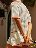ADVBRIDGE  -  Knitted Hollow Out Crochet 2 Piece Set Women V Neck Short Sleeve Pocket Blouse+Shorts Summer Casual Fashion Vacation Shorts Sets