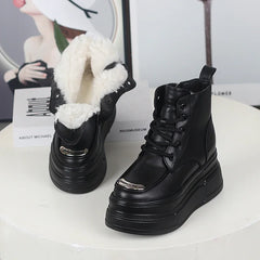 Advbridge 12CM Genuine Leather Winter Autumn Chimney Plush Spring Ankle Booties Fashion ZIP Women Moccasins Platform Wedge Shoes