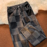 Advbridge American Retro Plaid Ladies Wide Leg Traight Jeans Women Loose Joker Hip Hop Street Comfort Button Zipper Waist Stitching Trouse