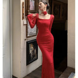 Advbridge Sexy Lace Bodycon Maxi Dresses for Women Flare Sleeve Square Collar Slim Mermaid Evening Party Dress Fishtail Vestidos Prom Robe