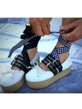 Advbridge Girl's Bowtie Rope Braided Platform Silk Ballet Flats Shoes Woman Double Buckle Graid Riband Bandage Round Toe Fishman Shoes