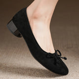ADVBRIDGE  -  Women's natural suede leather square toe slip-on flats 3cm round low heel sweet bowtie casual female four season shoes for woman