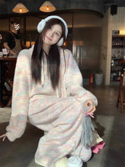 Advbridge -  Korean Sweet Girl Cute Rainbow Loose Hooded Short Coat High Waist Colorful Striped Pants Two-piece Set Fashion Female Clothes