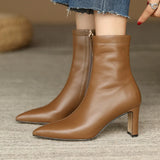 Advbridge Women's genuine leather 7cm thin high heel pointed toe side zip autumn ankle boots elegant ladies slim short boots shoes women