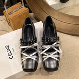 Advbridge 2024 Luxury Women Square Toe Bow Mary Jane Single Shoes Real Genuine Leather Flat Bottom Rivet Belt Buckle Ballet