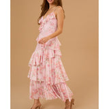 ADVBRIDGE  -  Women Floral Print Lace Patchwork Sleeveless V-Neck Backless Irregular Tiered Ruffle Layered A Line Long Slip Dress