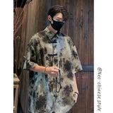 ADVBRIDGE  -  Mens Chinese Traditional Mountain Painting Printed Tang Shirts Frog Button Down Kong Fu Short Sleeve Summer Clothing Male XXXXXL