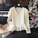Advbridge 2025 Winter Casual Knitting Long Sleeve Purple Cardigans Women's Vintage Office Lady V-Neck Solid Color Elegant Slim Sweater Top