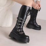 Advbridge Women‘s Thick Bottom Motorcycle Boots Women Punk Knee High Boots Autumn Winter Patent Woman Lace-up Casual Boots Red Size 34-44