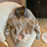 Advbridge Vintage Brown Y2K Hooded Sweaters Women 2024 Autumn Winter Lantern Sleeve Zip Up Jacket Knitted Hoodies Cropped Cardigan Top