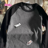 Advbridge Vintage Patchwork Ribbed T-shirt Women Autumn Casual Round Neck Long Sleeve Tee Shirt Retro Streetwear Chic Cotton T Shirt Tops