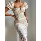 ADVBRIDGE  -  New Women's Dress,French Retro Floral Print Dresses, Slim Slit Long Puffed-Sleeve