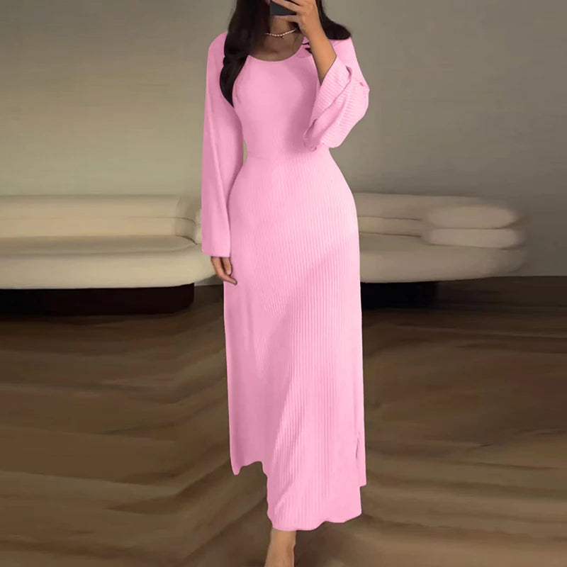 Advbridge Elegant Long Sleeve O Neck Long Dress French Autumn Texture Back Bandage A-line Formal Dress Lady Solid High Waist Party Dress