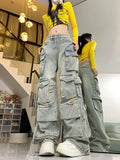 Advbridge American Spice Girl Heavy Industry High Street Multi-Pocket Wide Leg Hip Hop Jeans Y2K High Waist Baggy Straight Pants Tide