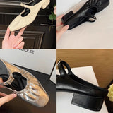 Advbridge Leather ~ French silver black square ballet shoes female baotou half slippers summer wear thick heel sandals