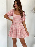 Advbridge  Square Collar Gingham Printed Women Casual Summer Short Dress Puff Sleeve A-line Pink Cute Fashion Outfit Vestidos