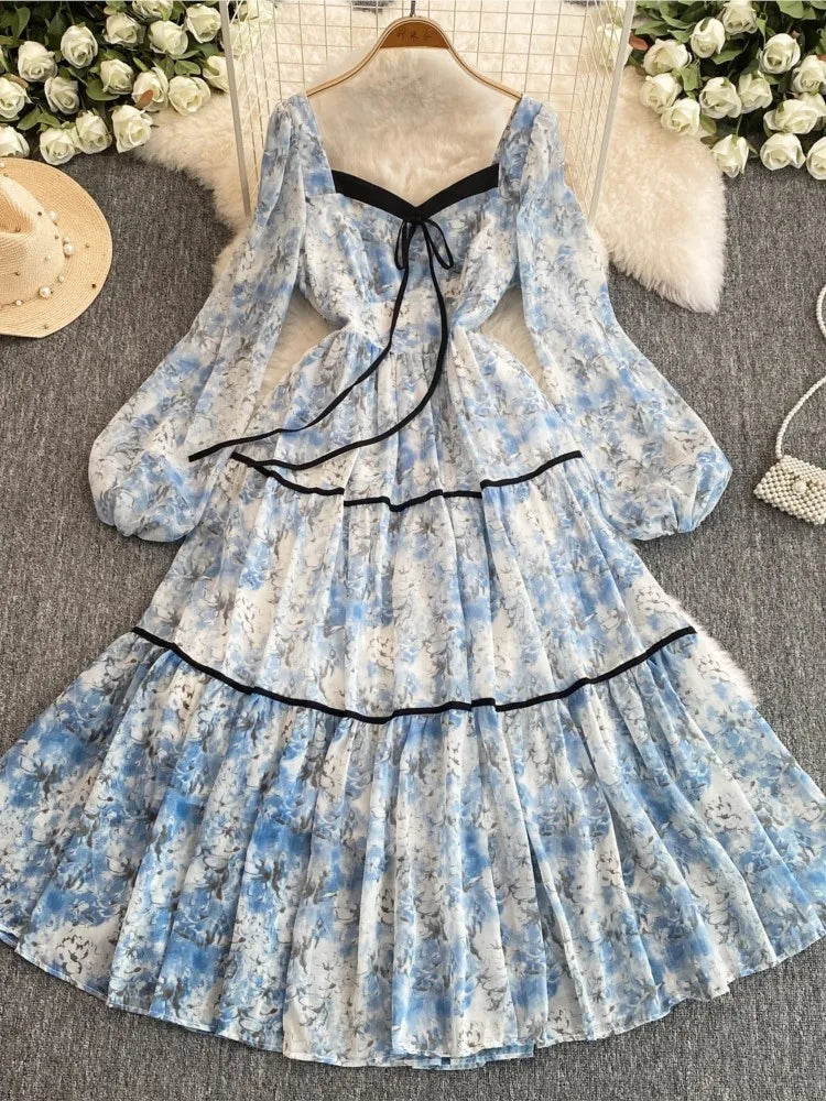 Advbridge Elegant Floral Printed Midi Dresses for Women Lantern Sleeves Square Collar A-line Evening Party Dress Autumn Chic Prom Robe