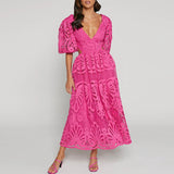 ADVBRIDGE  -  Women Sexy Pleated A-Line Dress Embroidery Retro Puff Short Sleeve Party Dress Temperament V Neck Waist Hollow Lace Long Dress