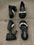 Advbridge Autumn Causal Designer Sandals Women Pure Color Elegant Sweet Platform Shoes Female Beaded Korean Fashion Cover Heel Shoes