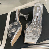 ADVBRIDGE  -  Fashion Crystal Diamond PVC Transparent Square Toe Woman Slippers Sexy High Heels Stripper Party Slide Shoes