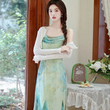 ADVBRIDGE  -  French Style Vintage Strap Dresses Women's Lace Strapless Sexy Chiffon Printed Vestido mujer Sweet Summer Elegant Fishtail Dress