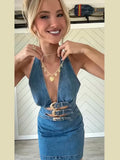 ADVBRIDGE  -  Denim Deep V Halter Dress Hollow Out Belt Design Waist Cinched Slim Fit Sleeveless Sexy Fashion Cowboy Women Vest Short Dresses