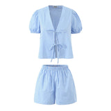 ADVBRIDGE  -  Blue Plaid Shorts 2 Piece Set V Neck Puff Sleeveless Lace-up Crop Blouse+Shorts Simple Casual Fashion Summer Suits For Women New